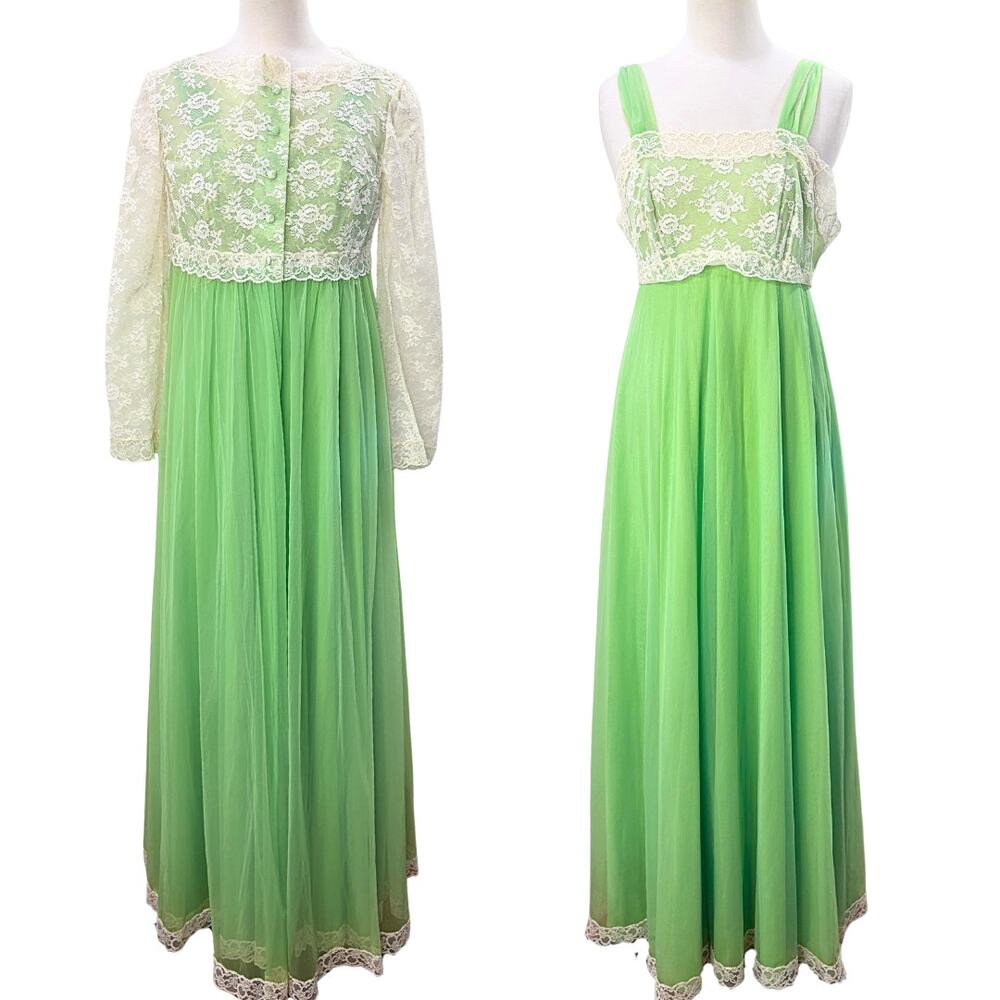 Virginia Wallace Peignoir Set Size S Nightgown & Rob Lace Chiffon Full Sweep